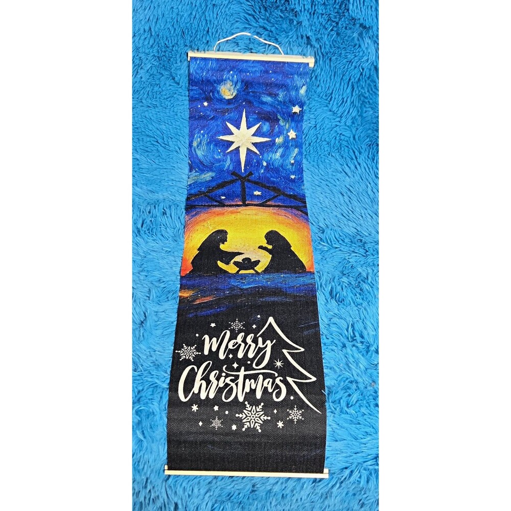 Christmas Nativity Scene Vertical Canvas Wall Hanging Banner Scroll  31"x8"